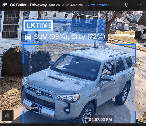 AI license plate recognition view of a vehicle in a driveway