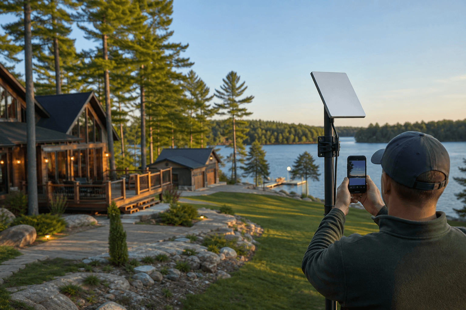 Compact Starlink V5-style dish being positioned for a clear view of the sky at a Northwoods lake home